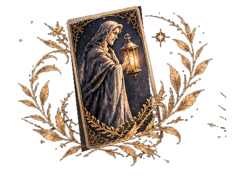 隱者牌 THE HERMIT，提燈探索方向的塔羅藝術插畫